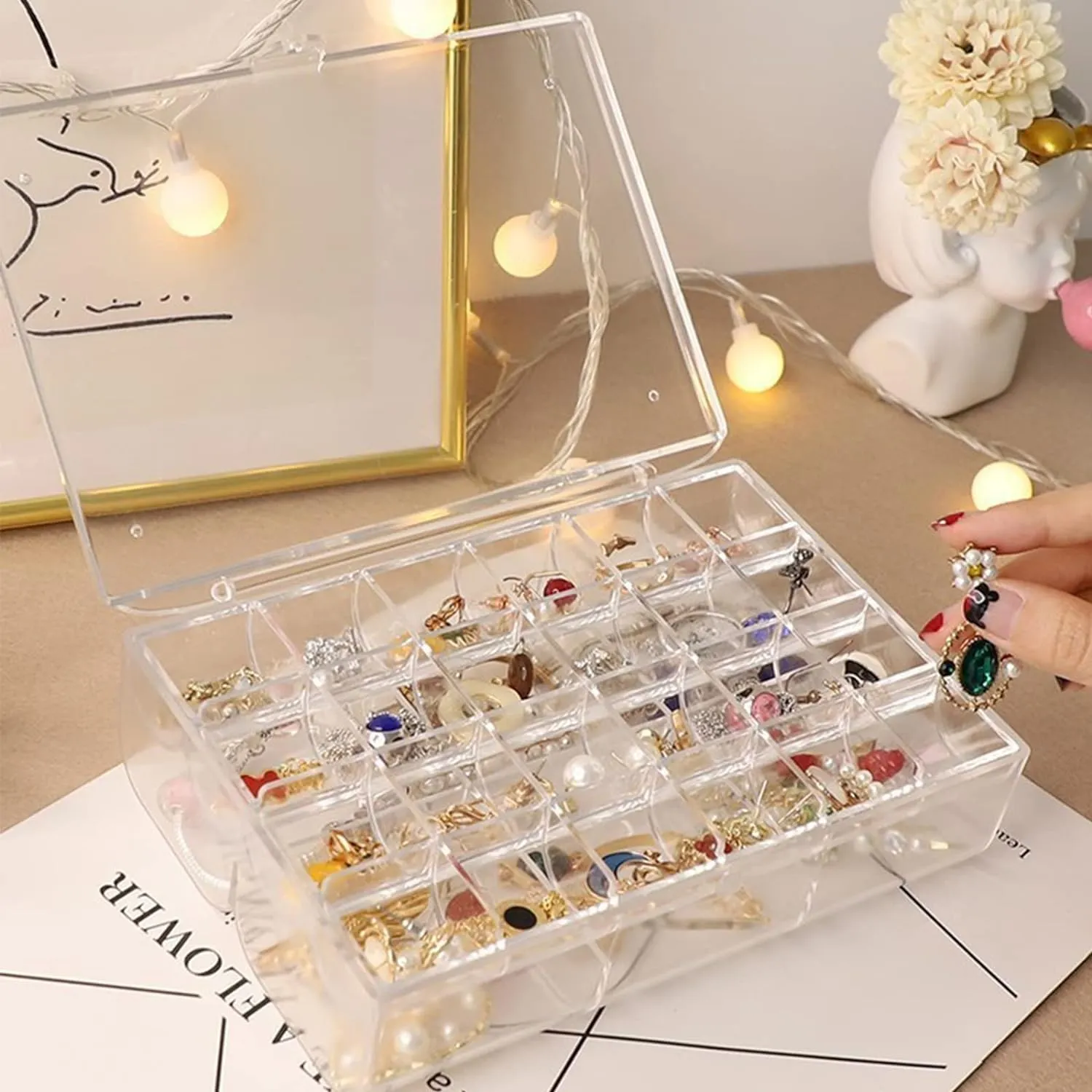 12829 2 layer Acrylic Jewelry Storage Box Dustproof Earring Box, Storage Box Portable Nail Art Storage Case, 24-Grid Small and 6-Grid Big case Makeup Vanity Box (1 Pc / 30 Compartment)