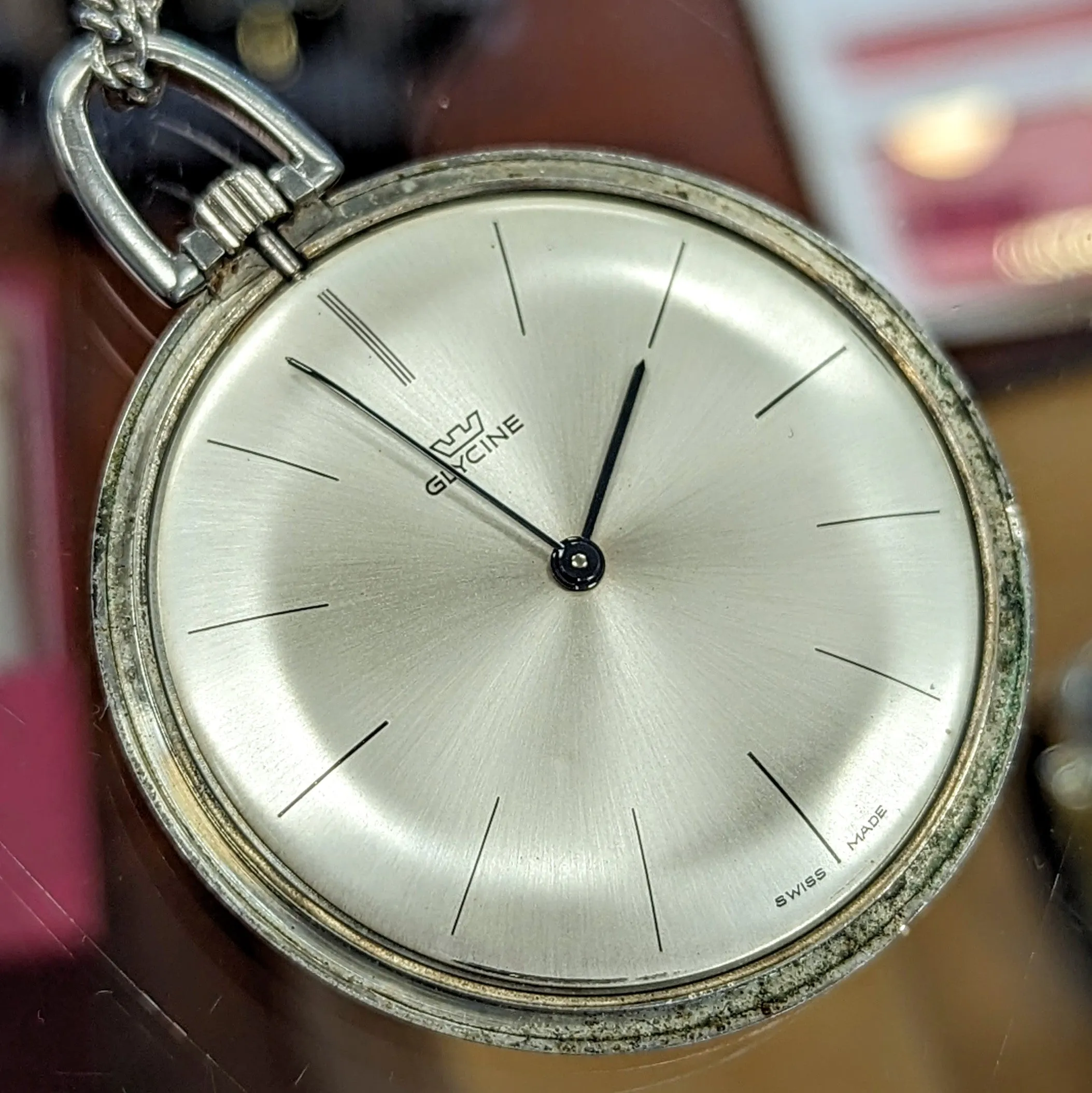 1950's GLYCINE Pocket Watch 17 Jewels Cal. AV 423 Swiss Made - ULTRA Thin w/PW Chain