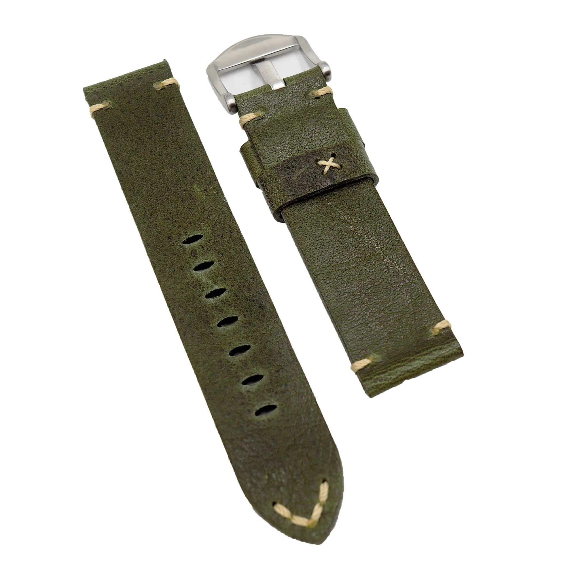 20mm, 22mm Vintage Style Olive Green Calf Leather Watch Strap