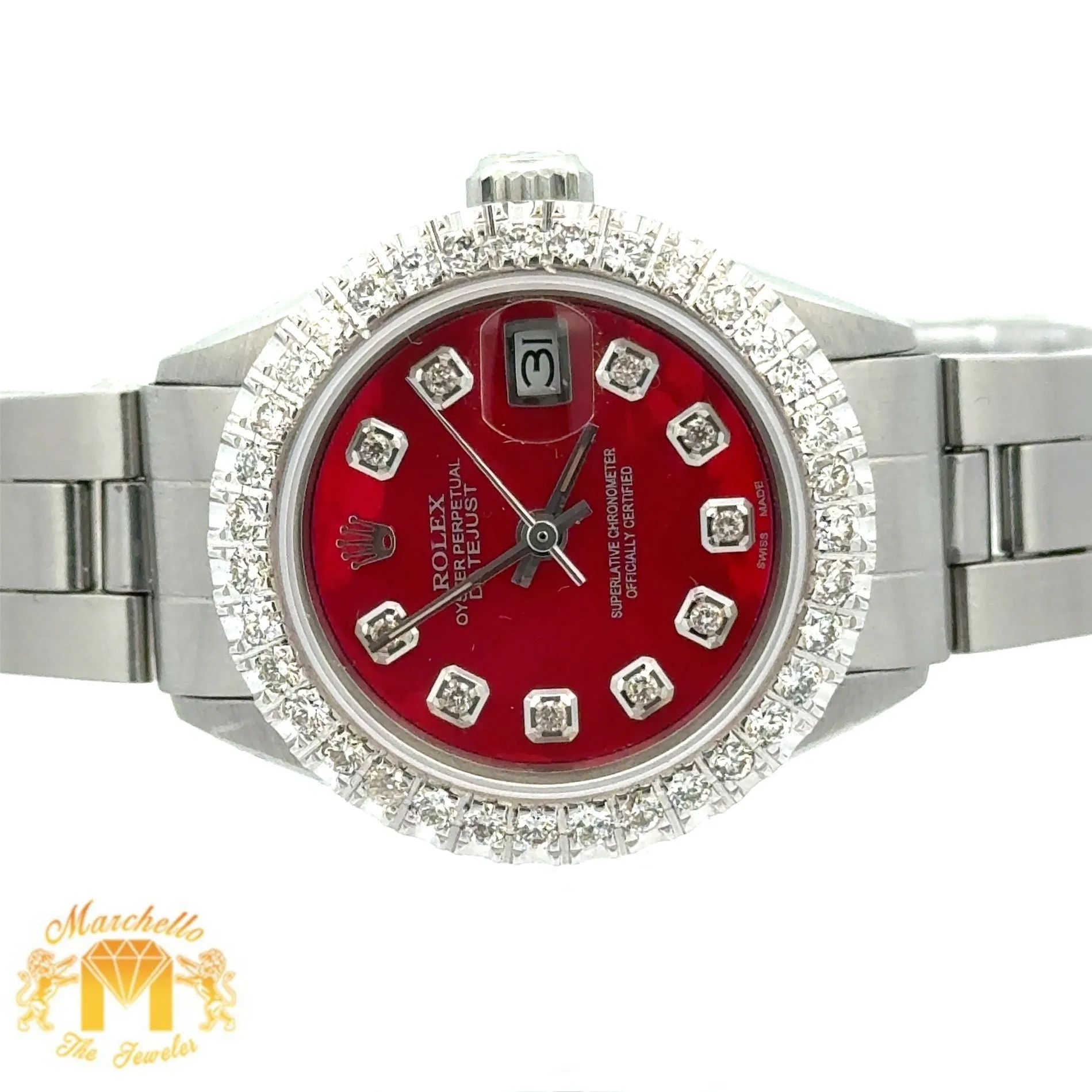 26mm Ladies` Rolex Diamond Watch with Stainless Steel Oyster Bracelet (custom red mother of pearl diamond dial, custom diamond bezel)