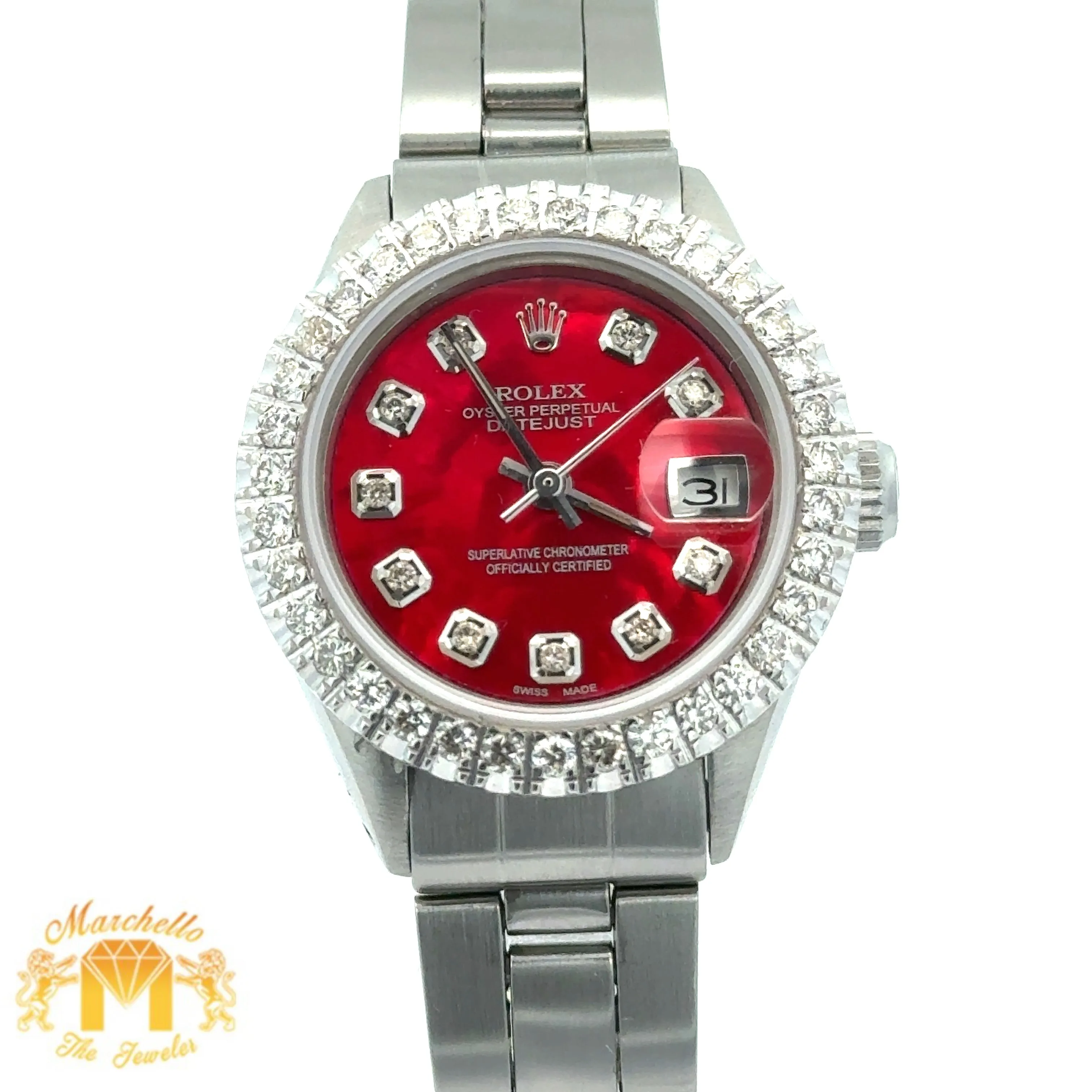 26mm Ladies` Rolex Diamond Watch with Stainless Steel Oyster Bracelet (custom red mother of pearl diamond dial, custom diamond bezel)