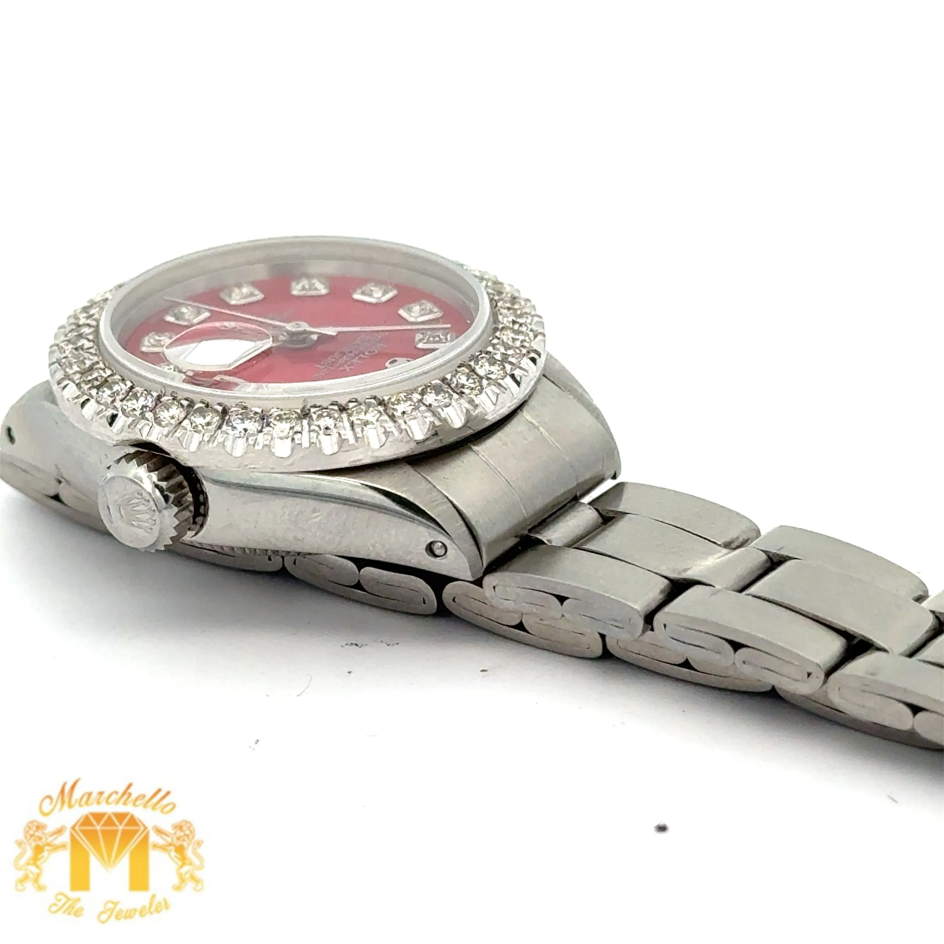 26mm Ladies` Rolex Diamond Watch with Stainless Steel Oyster Bracelet (custom red mother of pearl diamond dial, custom diamond bezel)