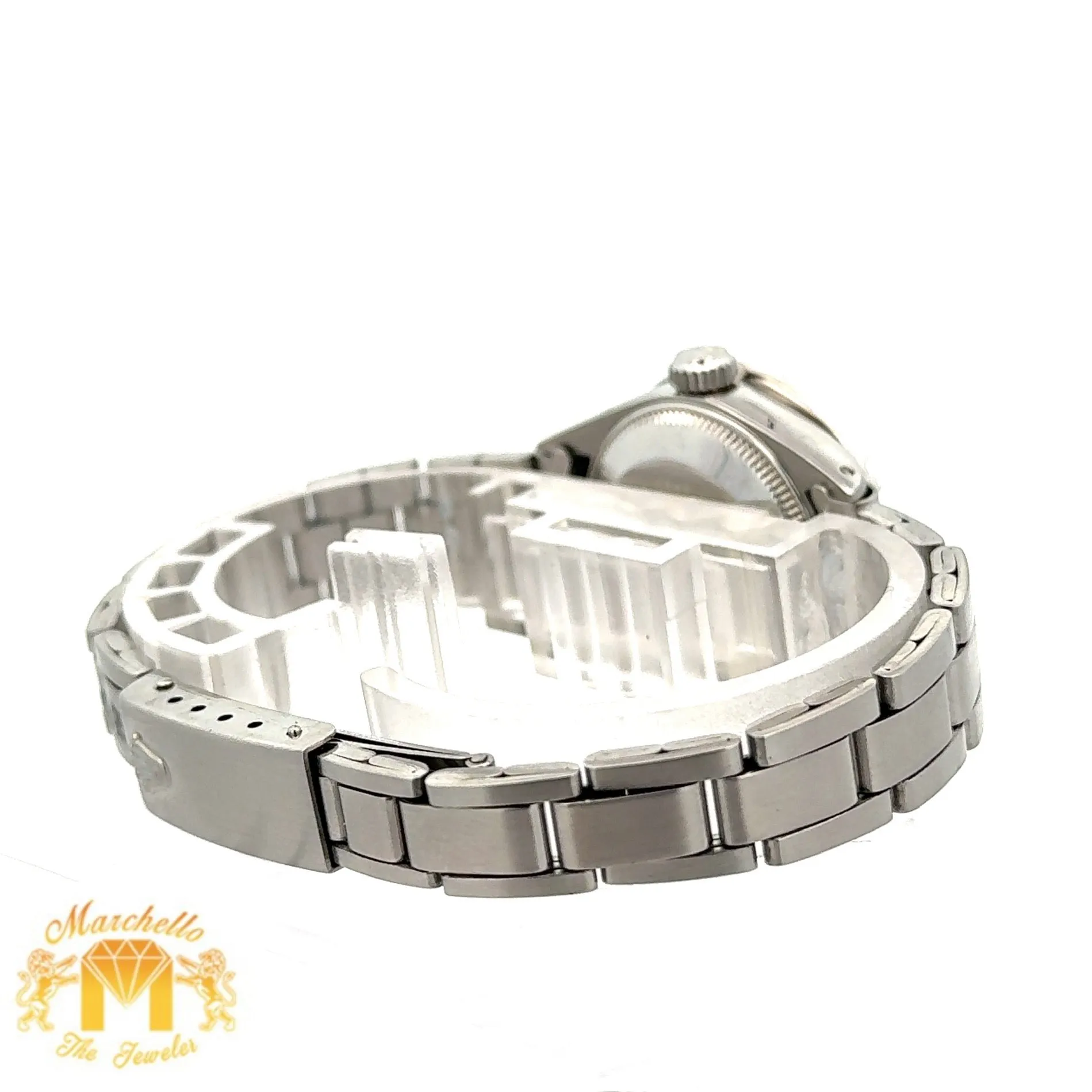 26mm Ladies` Rolex Diamond Watch with Stainless Steel Oyster Bracelet (custom red mother of pearl diamond dial, custom diamond bezel)