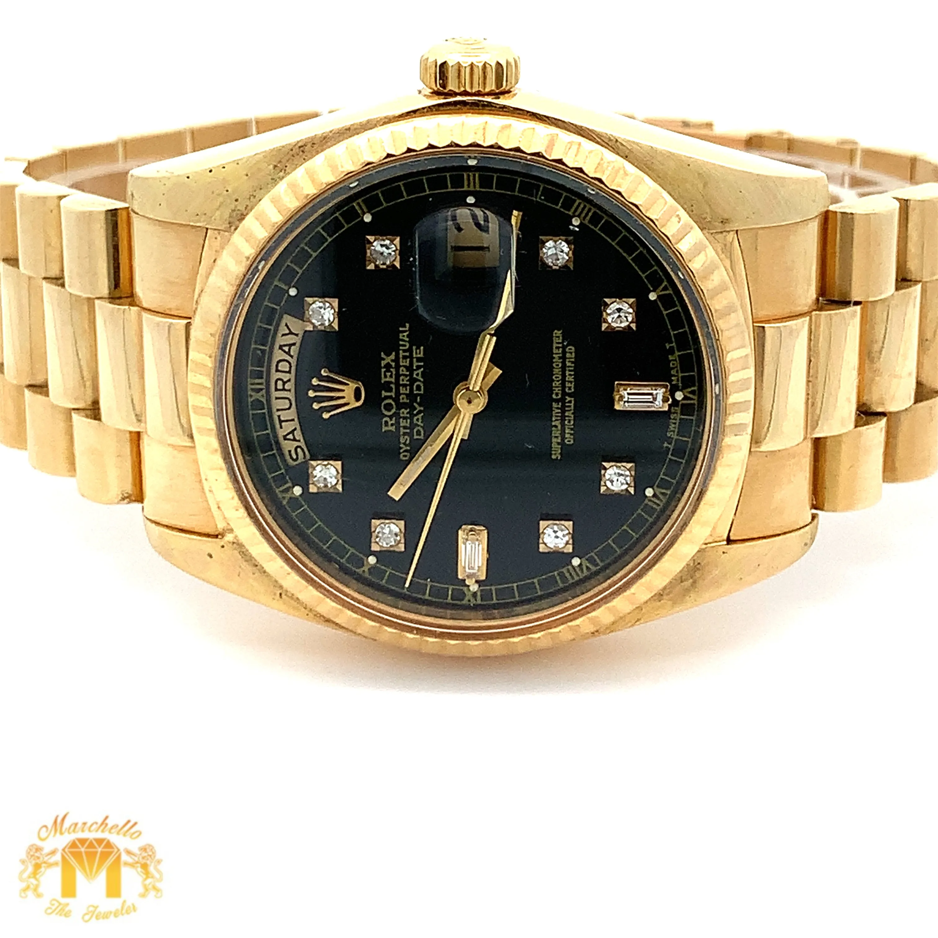 36mm 18k gold Rolex Presidential Watch (black diamond dial, quick-set)