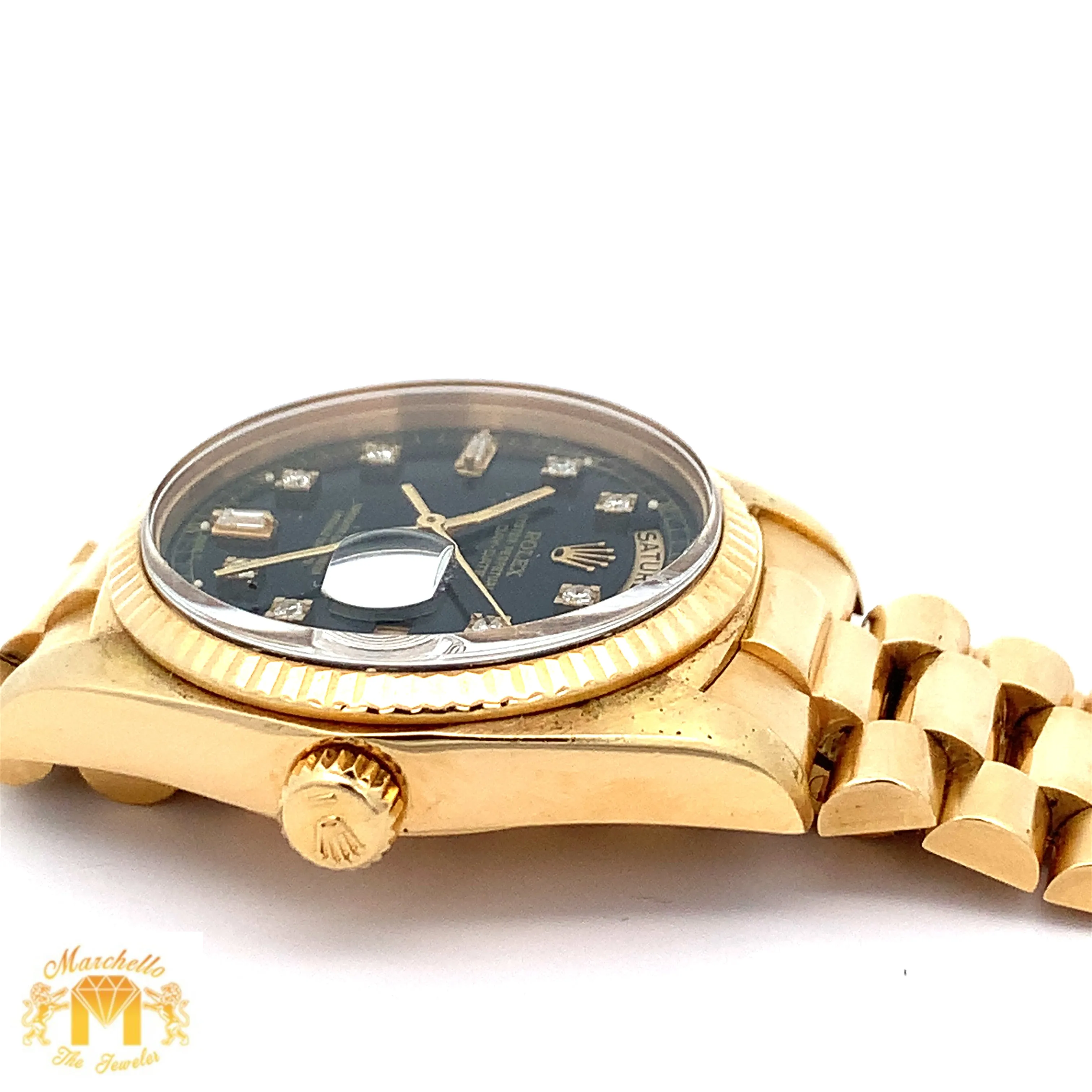 36mm 18k gold Rolex Presidential Watch (black diamond dial, quick-set)