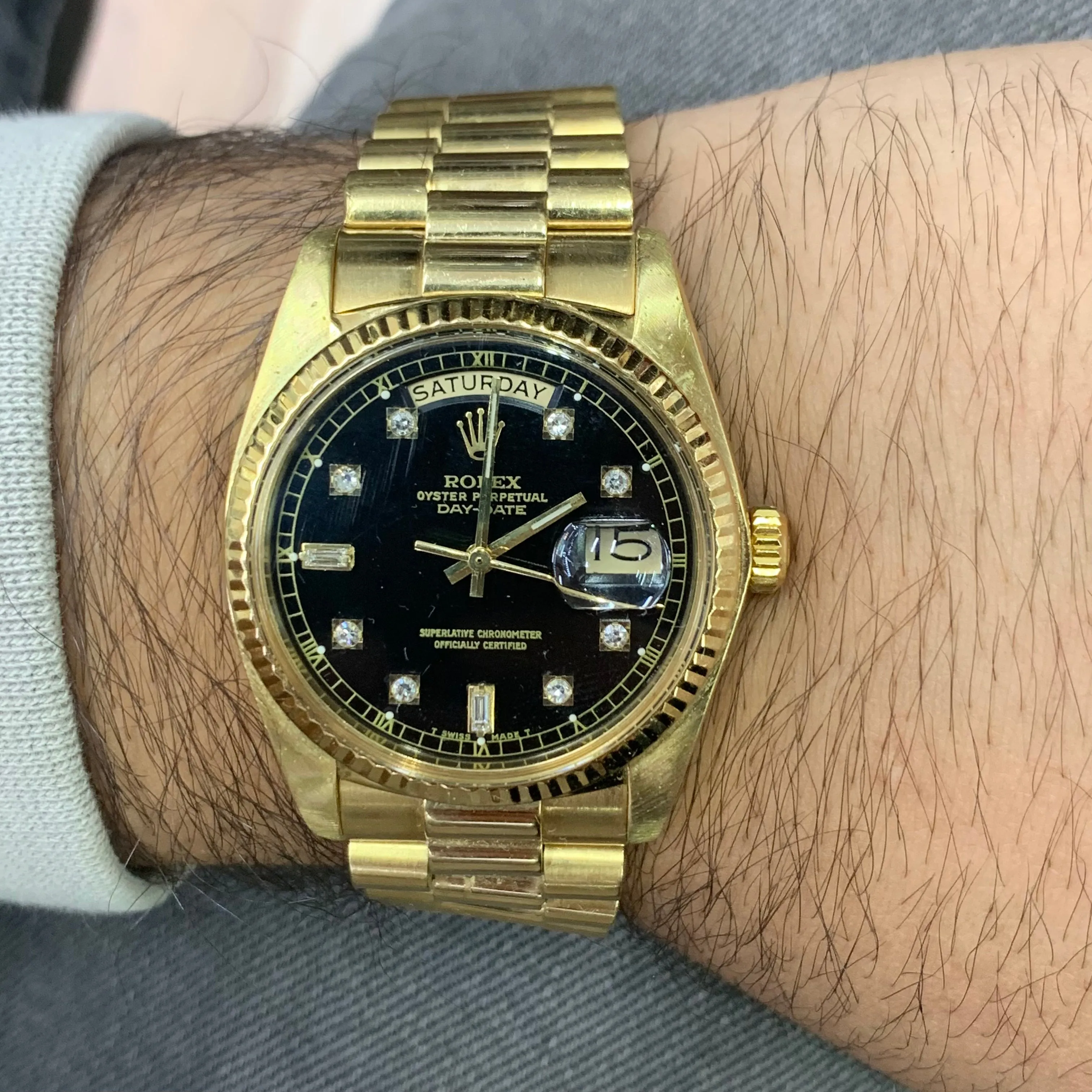 36mm 18k gold Rolex Presidential Watch (black diamond dial, quick-set)