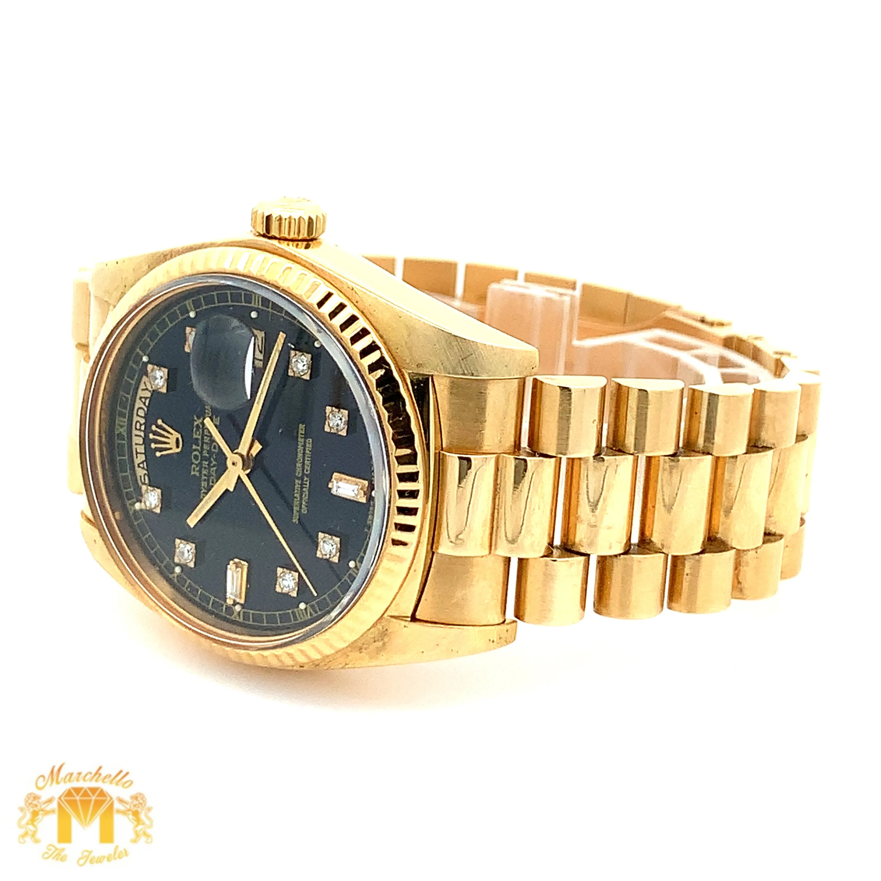 36mm 18k gold Rolex Presidential Watch (black diamond dial, quick-set)