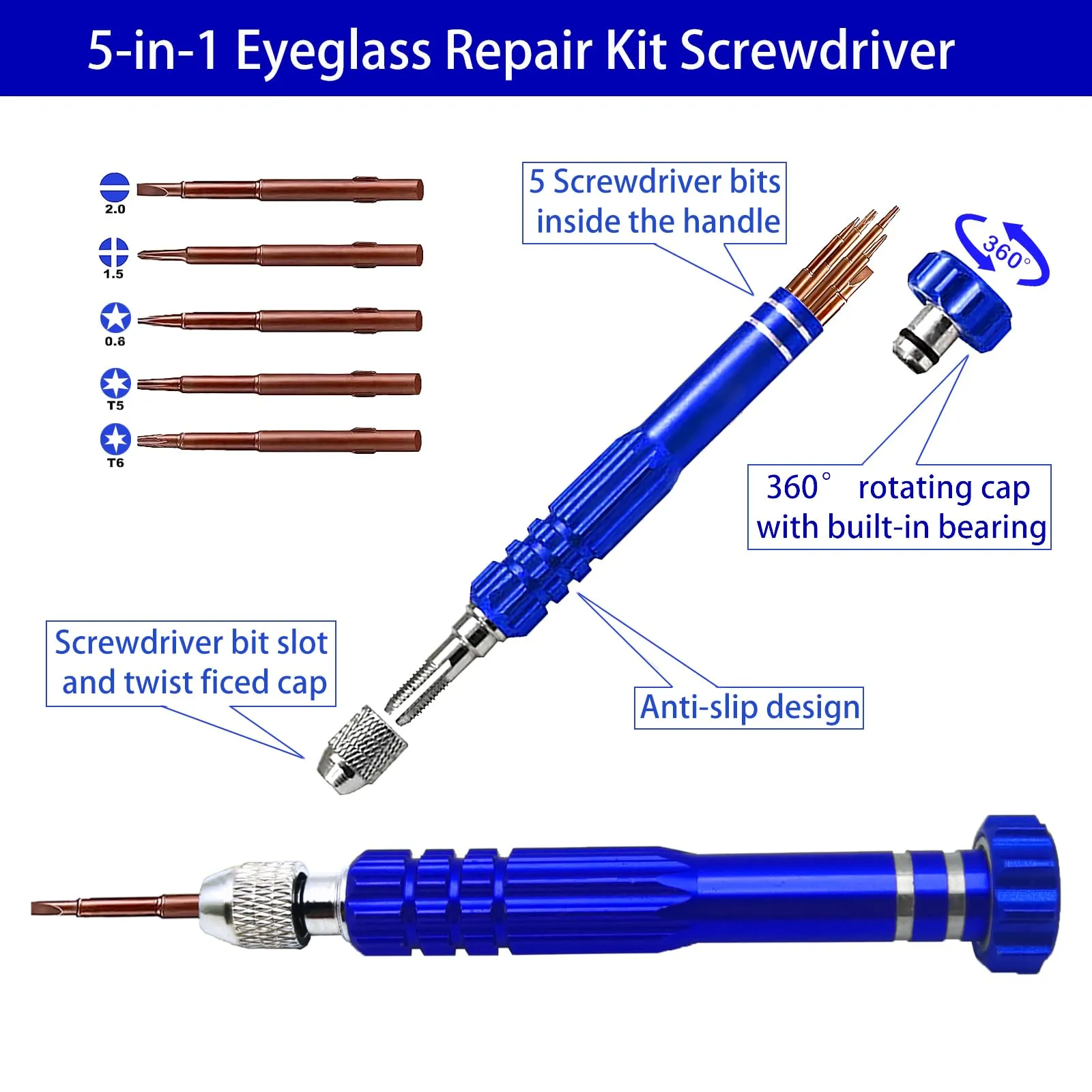 5-in-1 Eyeglass Repair Kit, 3in1 Multifunctional Small Screwdriver Set, Phone Repair Kit, Premium Screwdriver Tools Kit for Repairing Sunglasses, Watches, Electronic Products, Toys (Blue) Blue