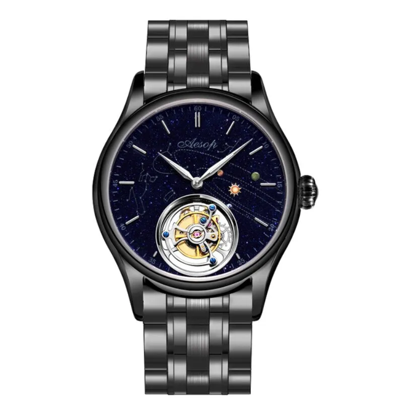 AESOP 7025 Real Tourbillon Watch Men&#39;s Sapphire Waterproof Watches For Men Mechanical Wristwatches Blue Stone relogio masculino
