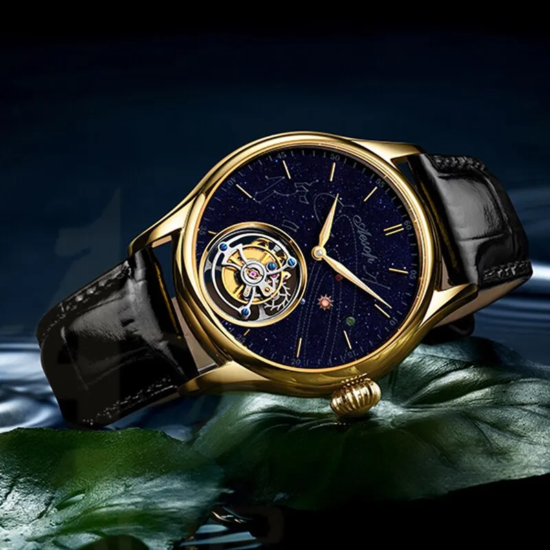 AESOP 7025 Real Tourbillon Watch Men&#39;s Sapphire Waterproof Watches For Men Mechanical Wristwatches Blue Stone relogio masculino