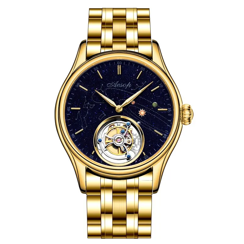 AESOP 7025 Real Tourbillon Watch Men&#39;s Sapphire Waterproof Watches For Men Mechanical Wristwatches Blue Stone relogio masculino