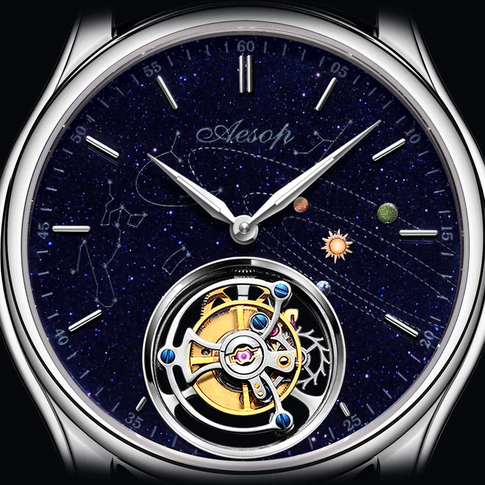 AESOP 7025 Real Tourbillon Watch Men&#39;s Sapphire Waterproof Watches For Men Mechanical Wristwatches Blue Stone relogio masculino