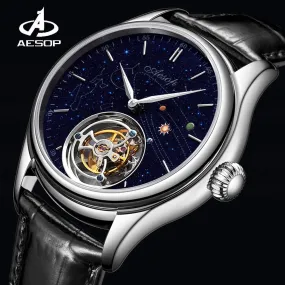 AESOP 7025 Real Tourbillon Watch Men&#39;s Sapphire Waterproof Watches For Men Mechanical Wristwatches Blue Stone relogio masculino