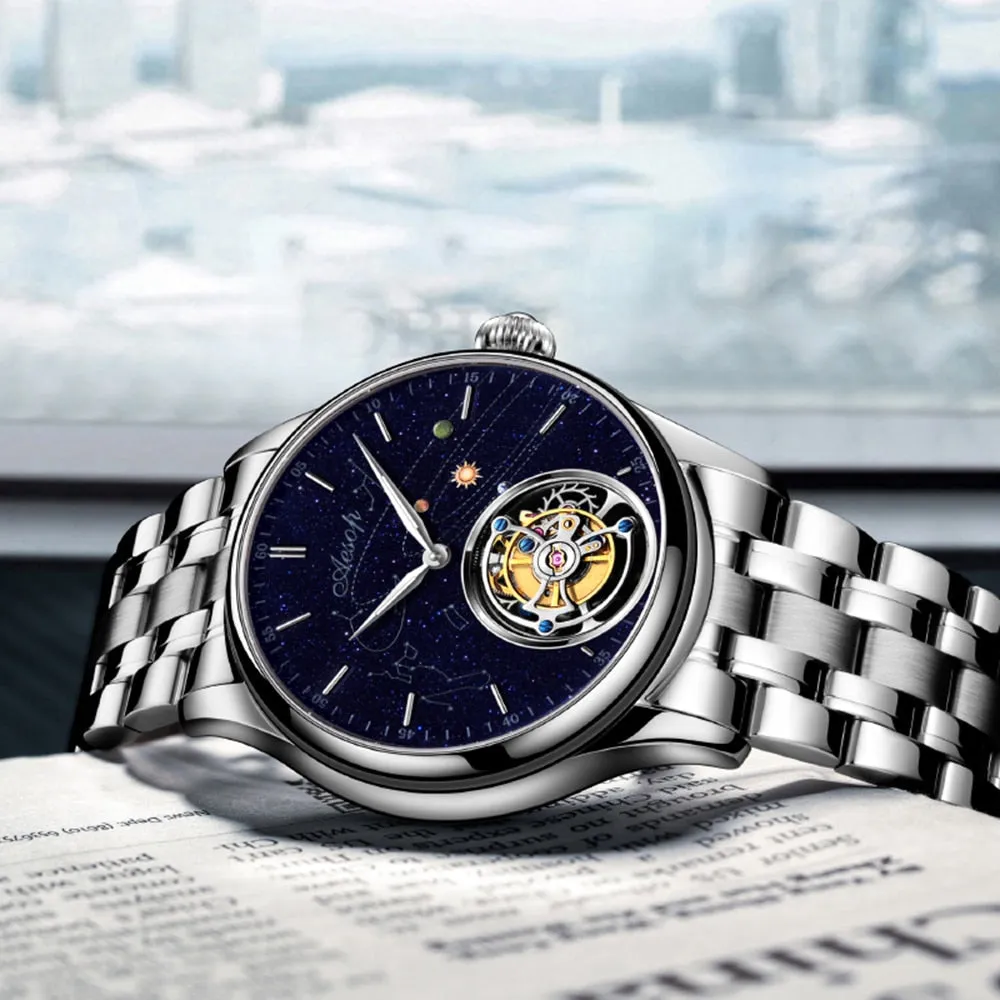 AESOP 7025 Real Tourbillon Watch Men&#39;s Sapphire Waterproof Watches For Men Mechanical Wristwatches Blue Stone relogio masculino