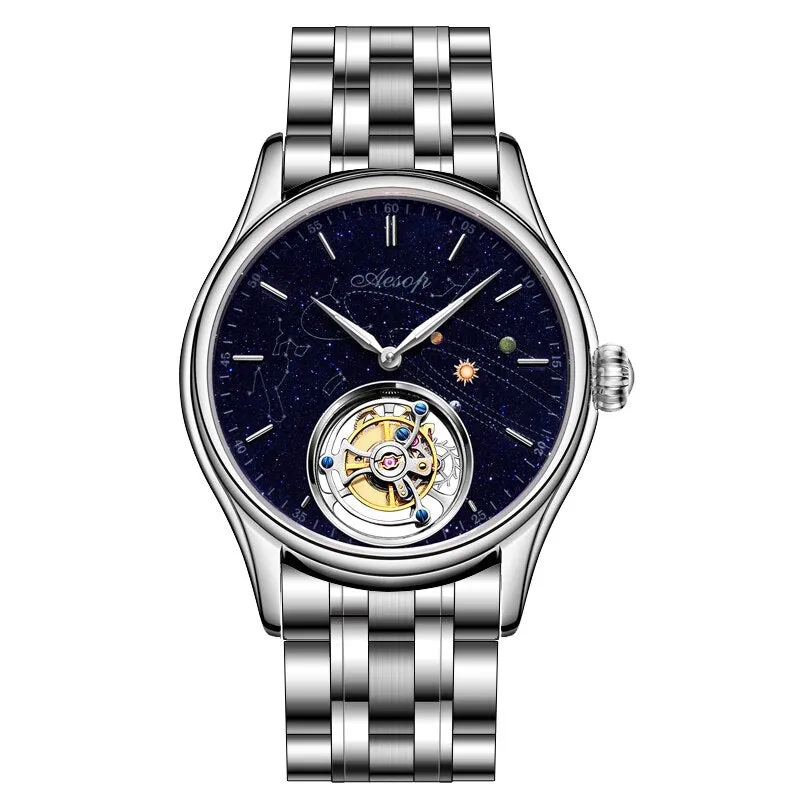 AESOP 7025 Real Tourbillon Watch Men&#39;s Sapphire Waterproof Watches For Men Mechanical Wristwatches Blue Stone relogio masculino