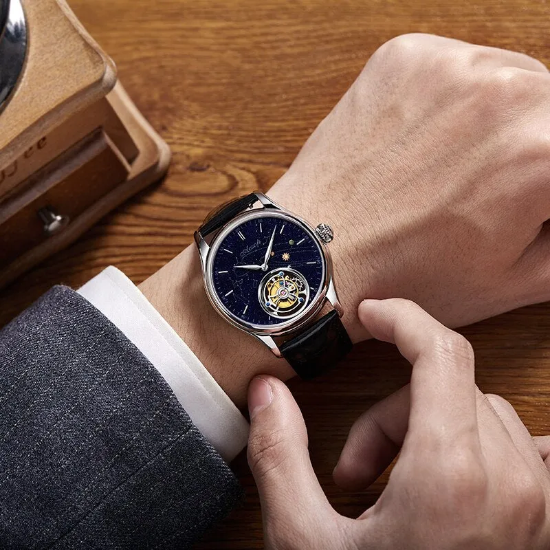AESOP 7025 Real Tourbillon Watch Men&#39;s Sapphire Waterproof Watches For Men Mechanical Wristwatches Blue Stone relogio masculino