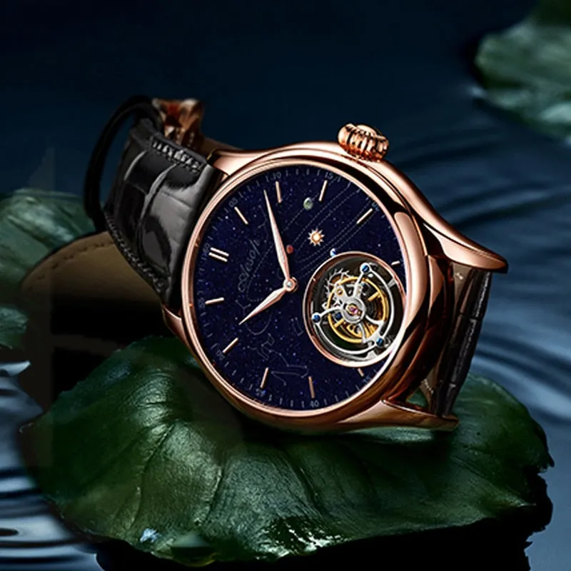 AESOP 7025 Real Tourbillon Watch Men&#39;s Sapphire Waterproof Watches For Men Mechanical Wristwatches Blue Stone relogio masculino