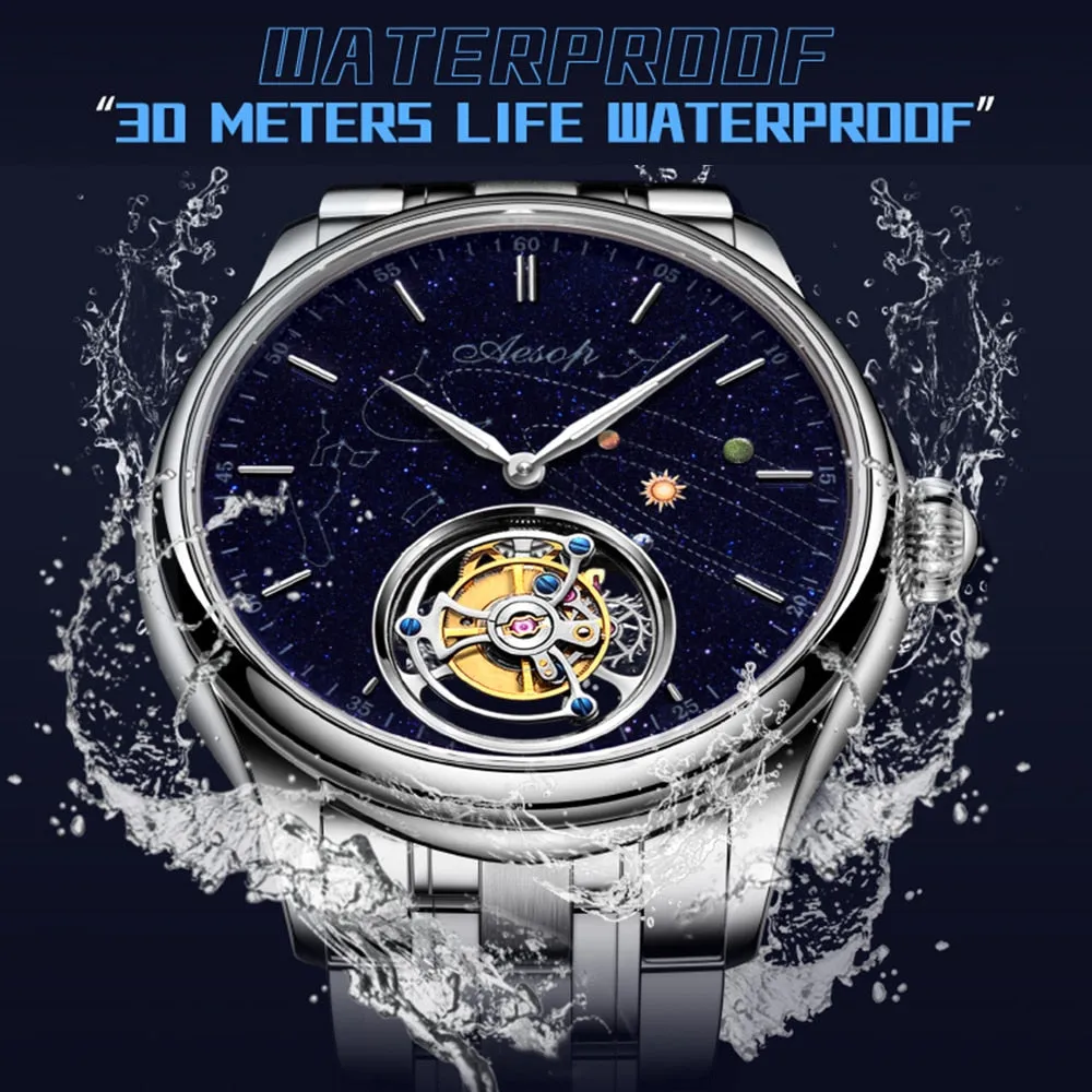 AESOP 7025 Real Tourbillon Watch Men&#39;s Sapphire Waterproof Watches For Men Mechanical Wristwatches Blue Stone relogio masculino