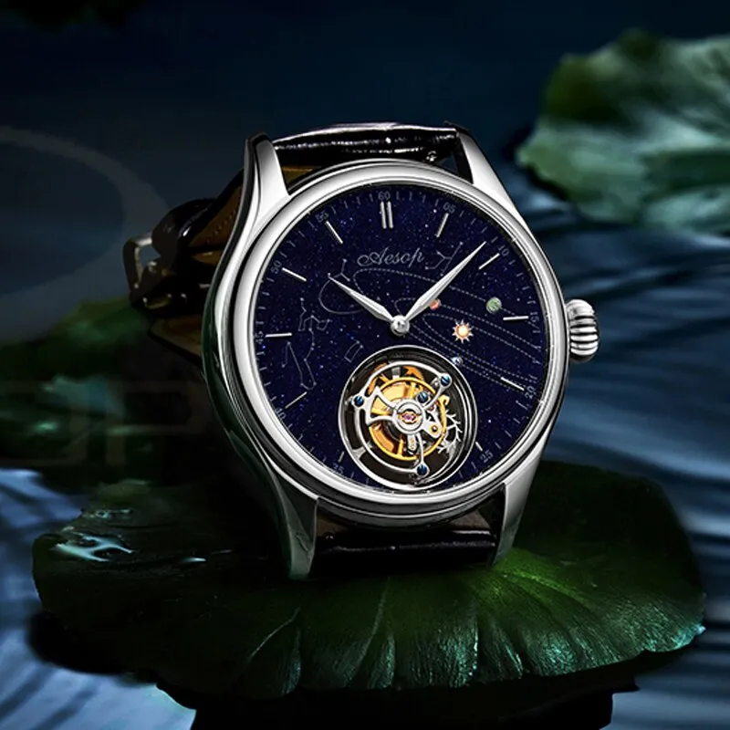 AESOP 7025 Real Tourbillon Watch Men&#39;s Sapphire Waterproof Watches For Men Mechanical Wristwatches Blue Stone relogio masculino