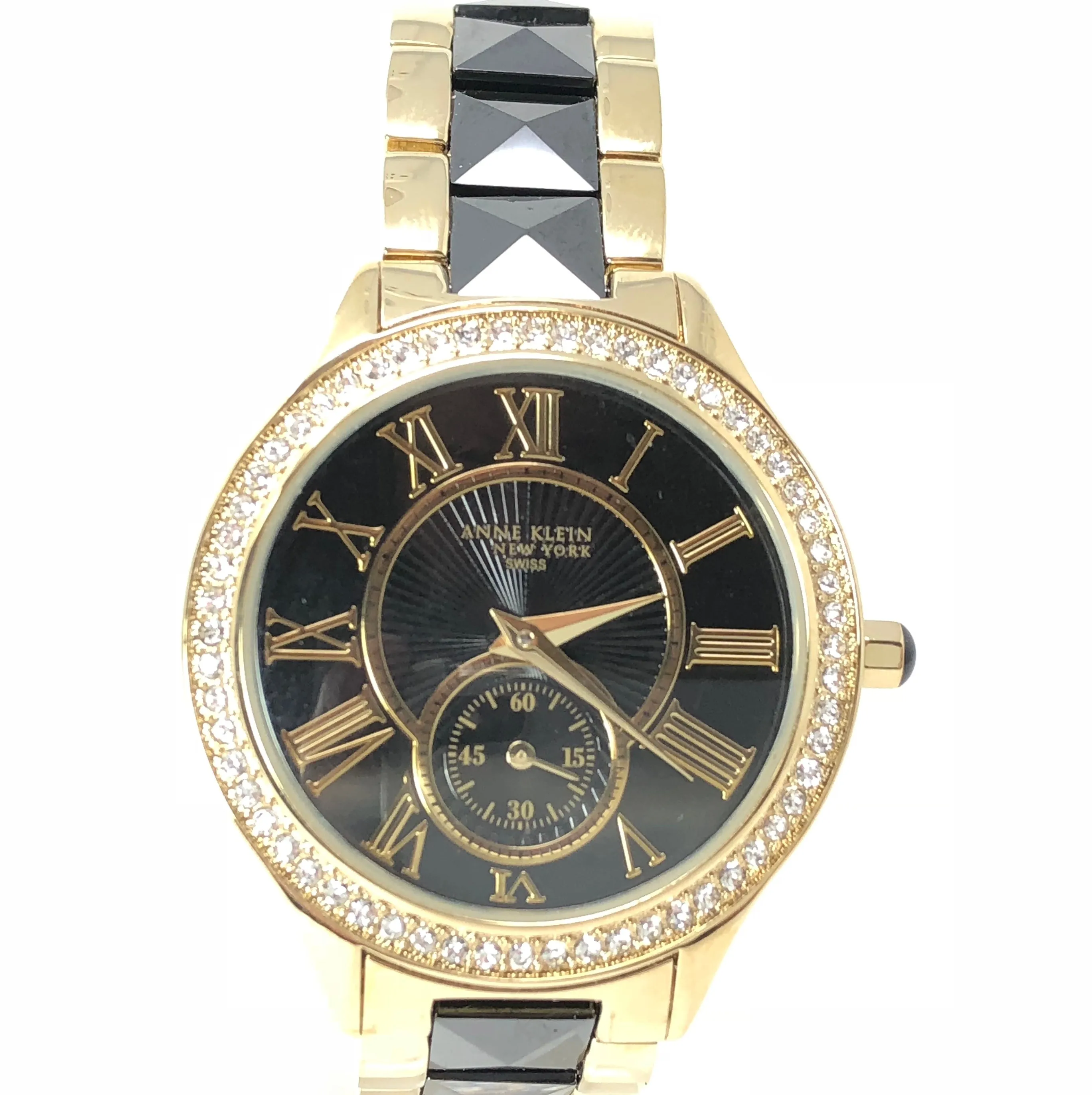 Anne Klein Women's Swarovski Crystal Accented Gold-Tone and Black Ceramic Pyramid Watch