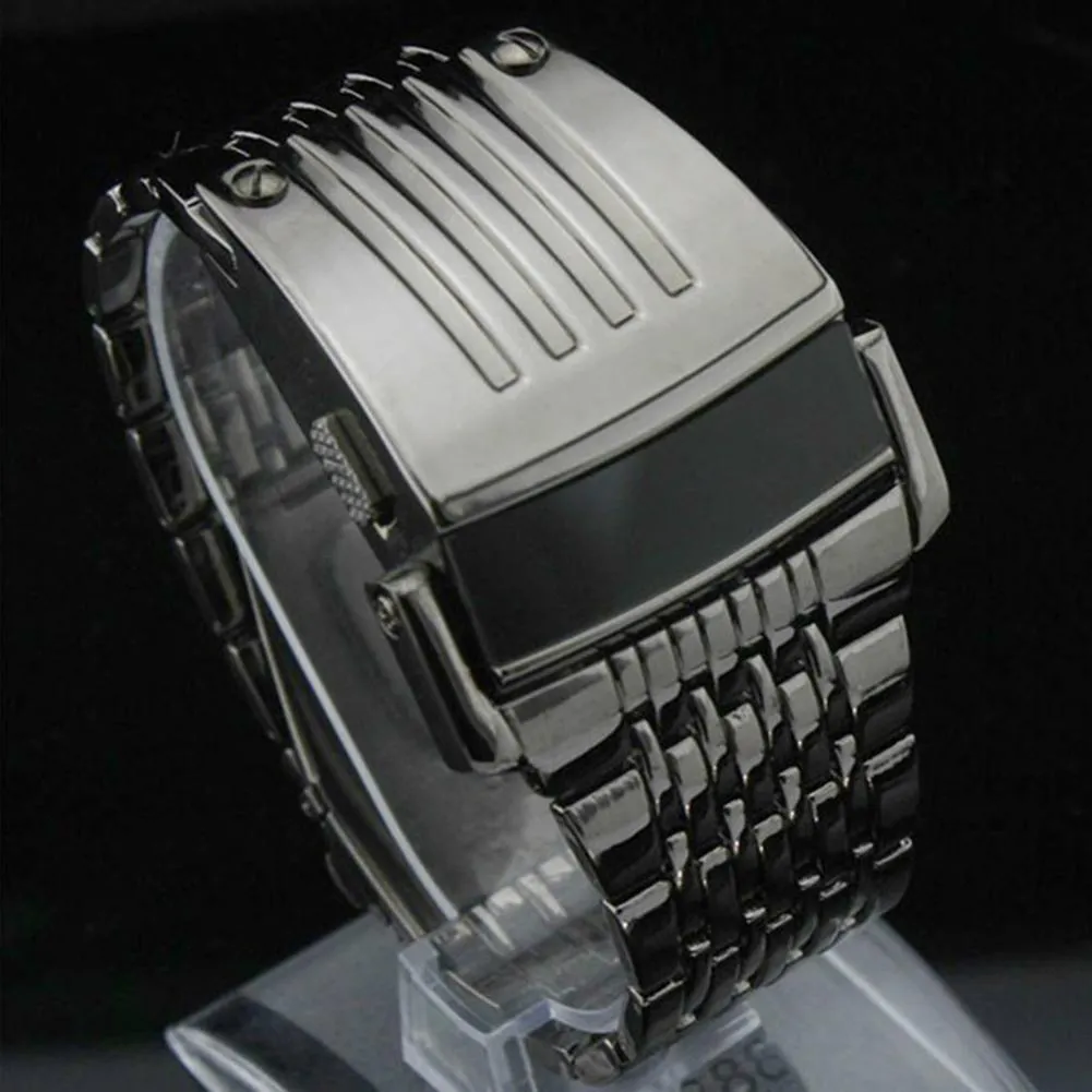 ashion Blue LED Display Wide Stainless Steel Band Men Digital Wrist Watch