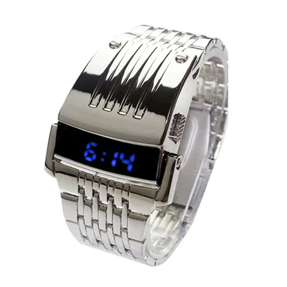 ashion Blue LED Display Wide Stainless Steel Band Men Digital Wrist Watch