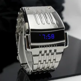ashion Blue LED Display Wide Stainless Steel Band Men Digital Wrist Watch