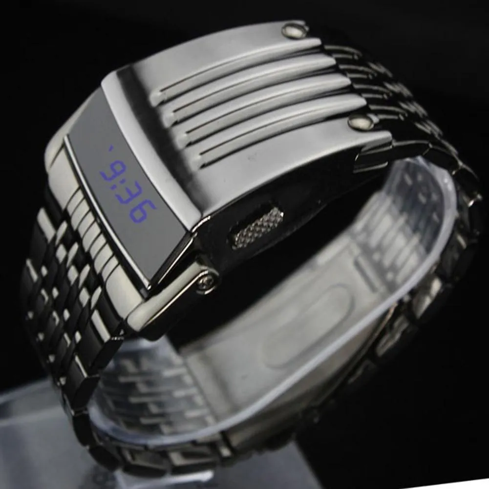 ashion Blue LED Display Wide Stainless Steel Band Men Digital Wrist Watch