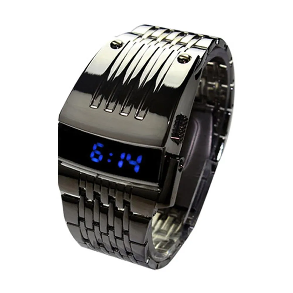 ashion Blue LED Display Wide Stainless Steel Band Men Digital Wrist Watch