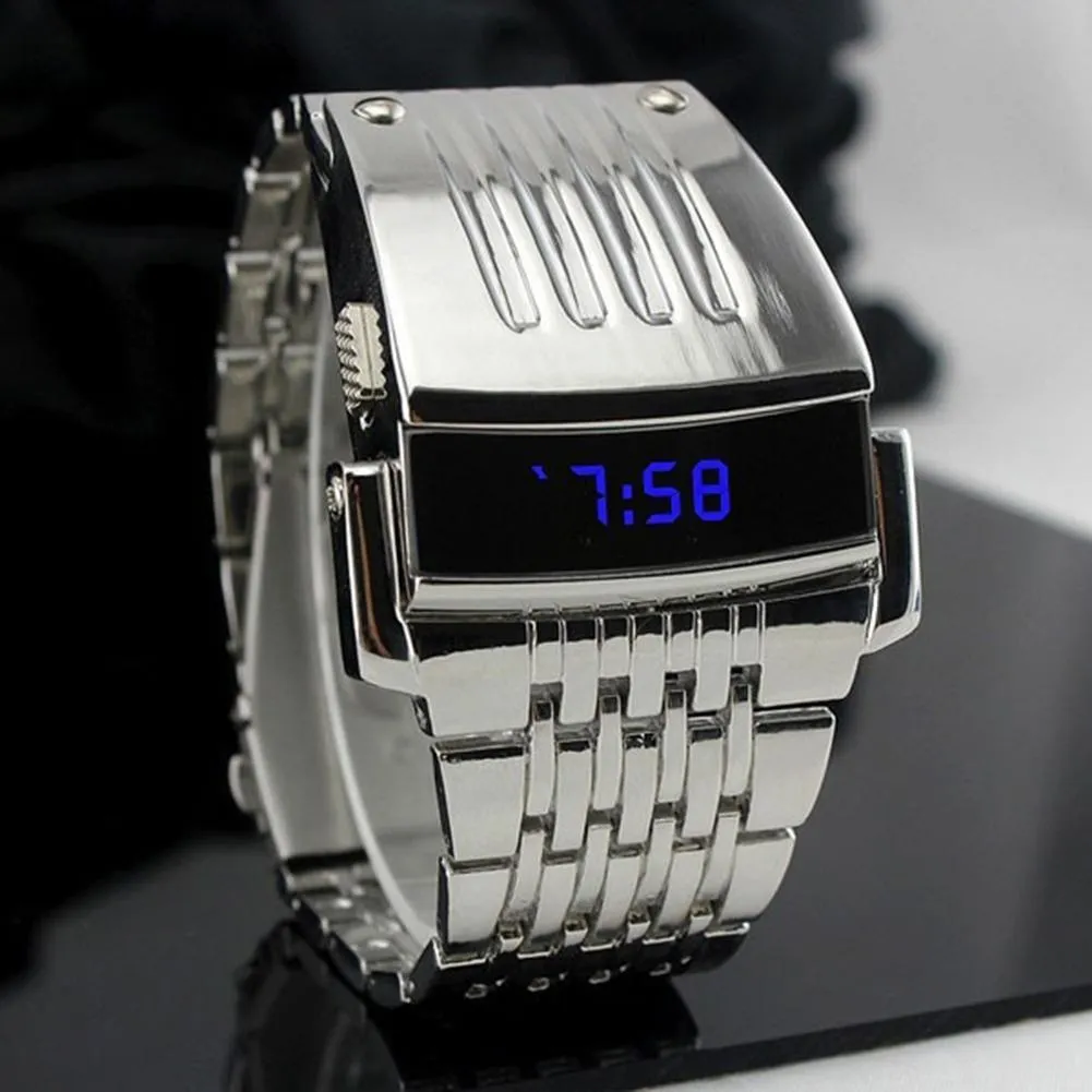 ashion Blue LED Display Wide Stainless Steel Band Men Digital Wrist Watch