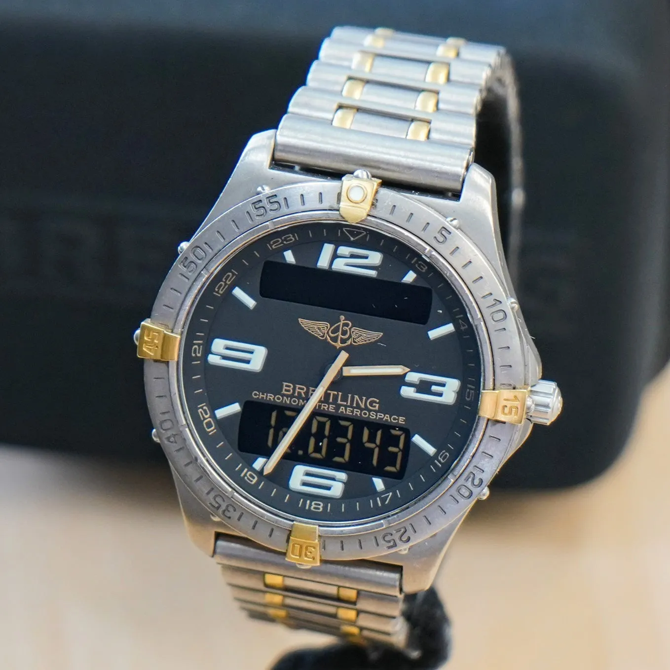 BREITLING Aerospace Navimeter Watch F75362 Perpetual Alarm Wristwatch Titanium & Gold - IN BOX!