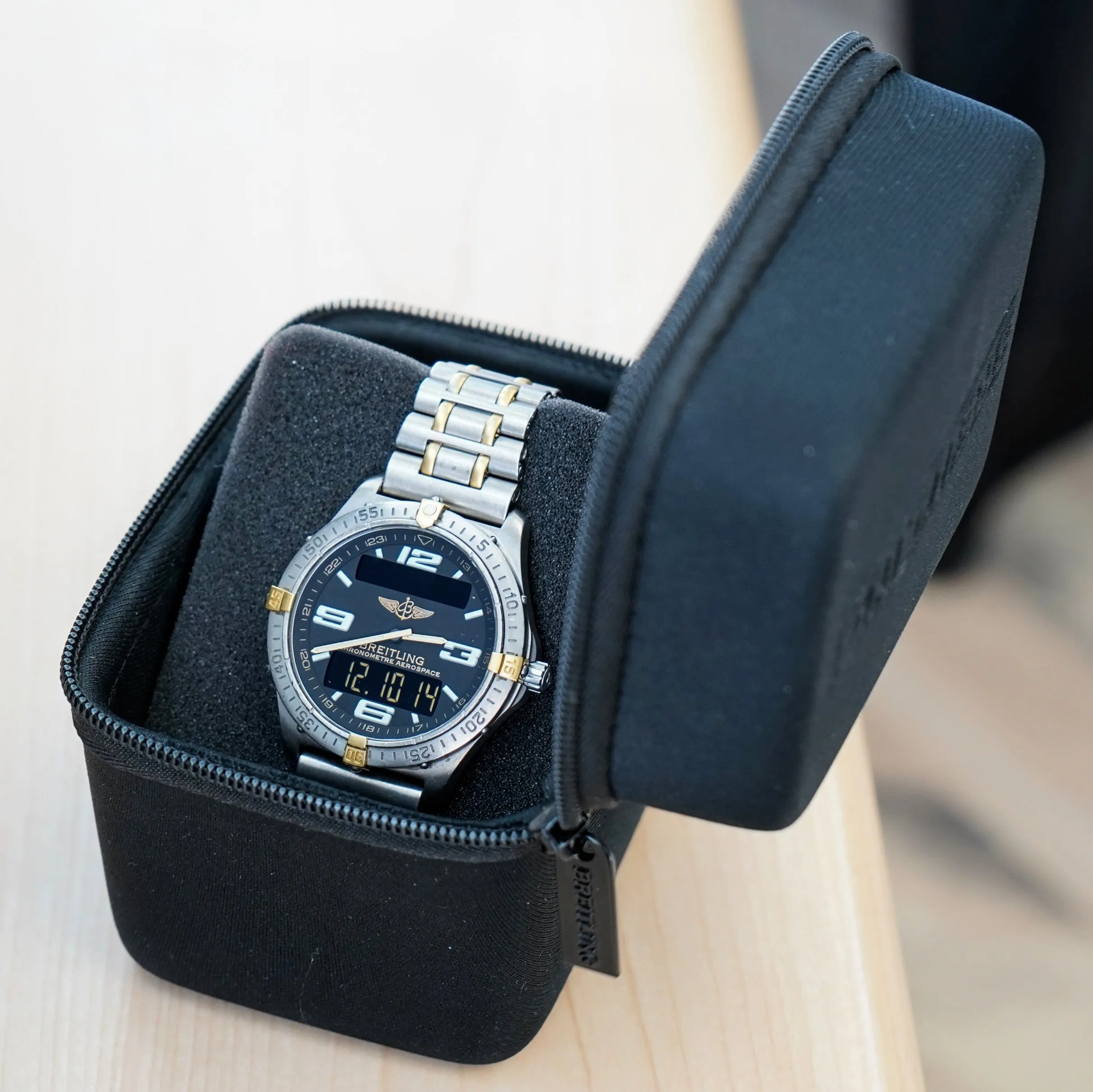 BREITLING Aerospace Navimeter Watch F75362 Perpetual Alarm Wristwatch Titanium & Gold - IN BOX!