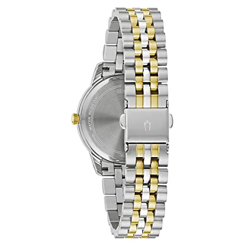 Bulova Ladies' Classic Diamond Two-Tone Gold Stainless Steel 3-Hand Calendar Date Quartz Watch, Silver Dial Style: 98P197