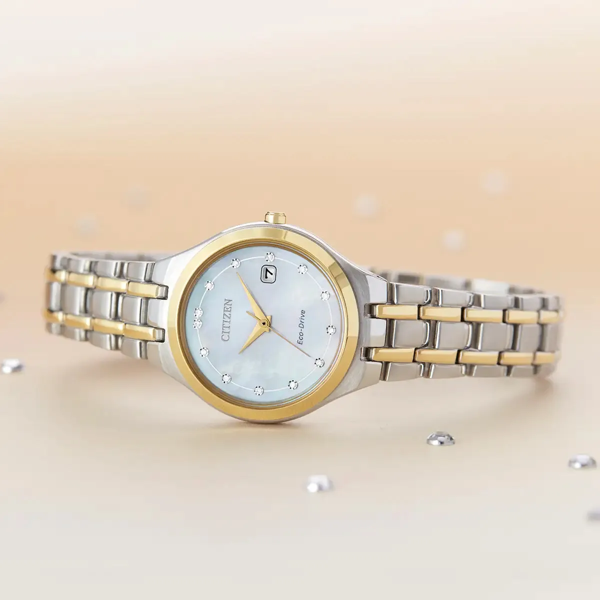 Citizen Eco-Drive Ladies Silhouette Two Tone MOP Diamond Dial Watch