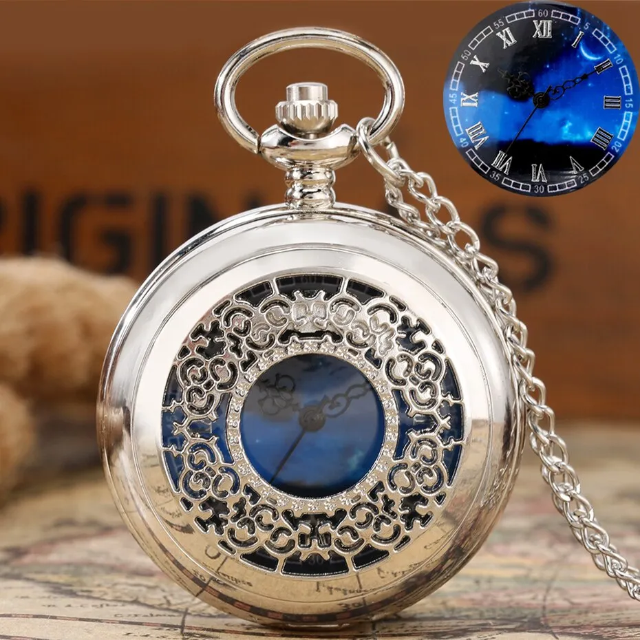 Exquise Starry Blue Dial Pendant Bronze Hollow Case Quartz Pocket Watch