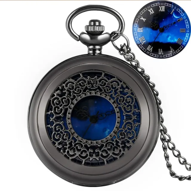 Exquise Starry Blue Dial Pendant Bronze Hollow Case Quartz Pocket Watch