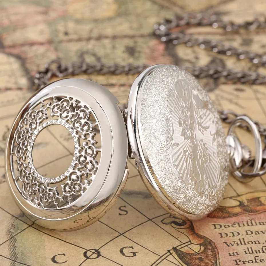 Exquise Starry Blue Dial Pendant Bronze Hollow Case Quartz Pocket Watch