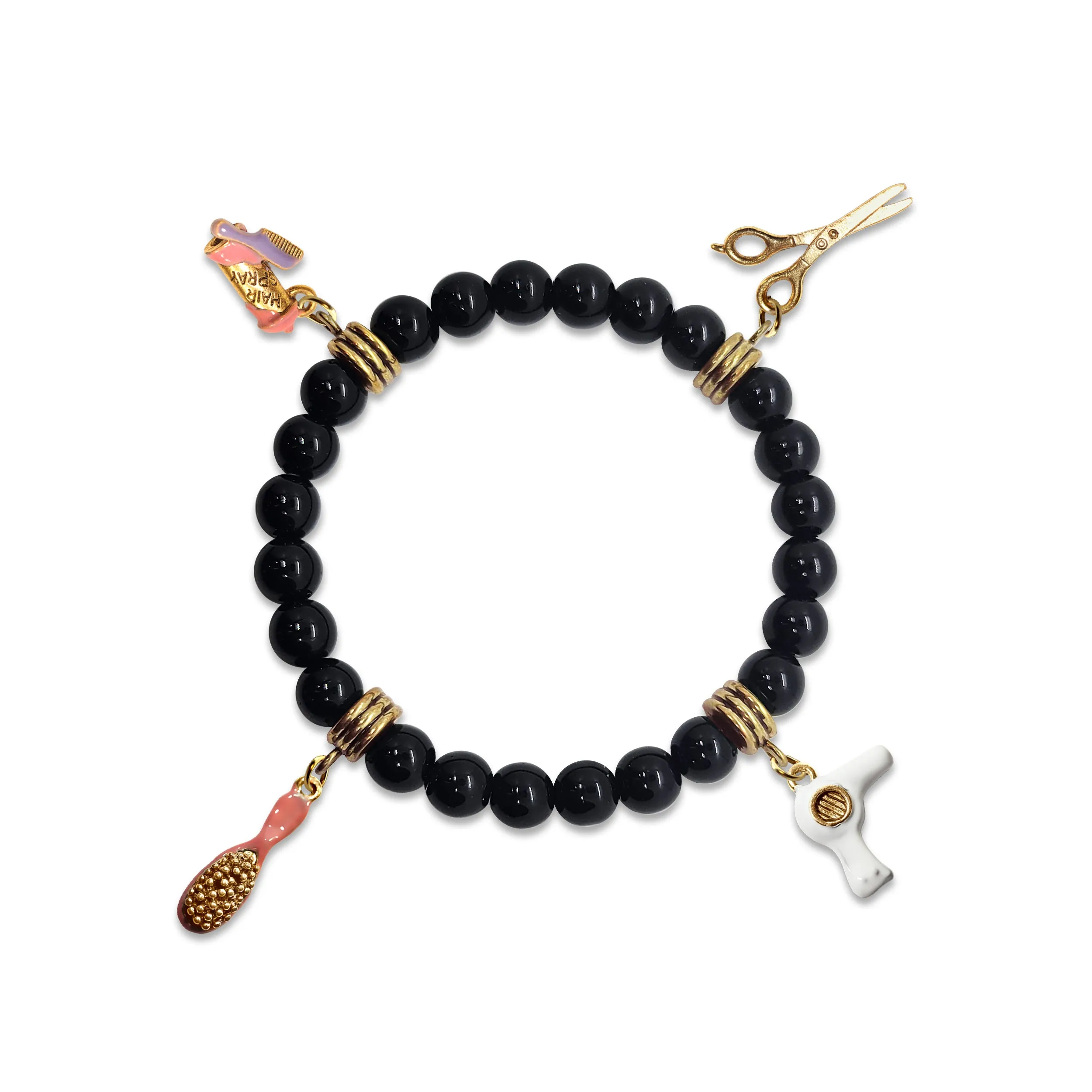 Hair Stylist Genuine Onyx Charm Bracelet | Handmade in USA | 4 Hand-Painted Charms