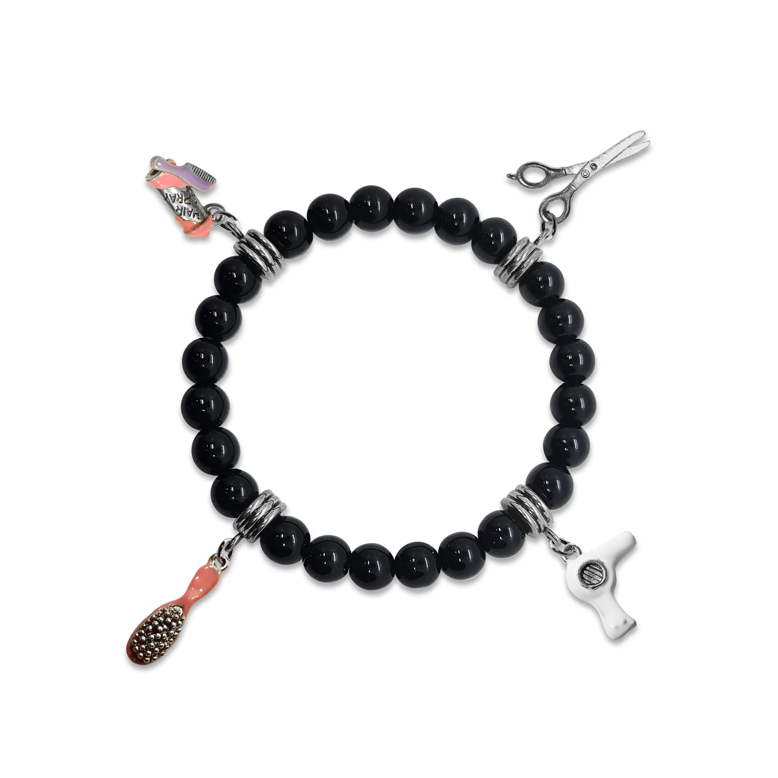 Hair Stylist Genuine Onyx Charm Bracelet | Handmade in USA | 4 Hand-Painted Charms