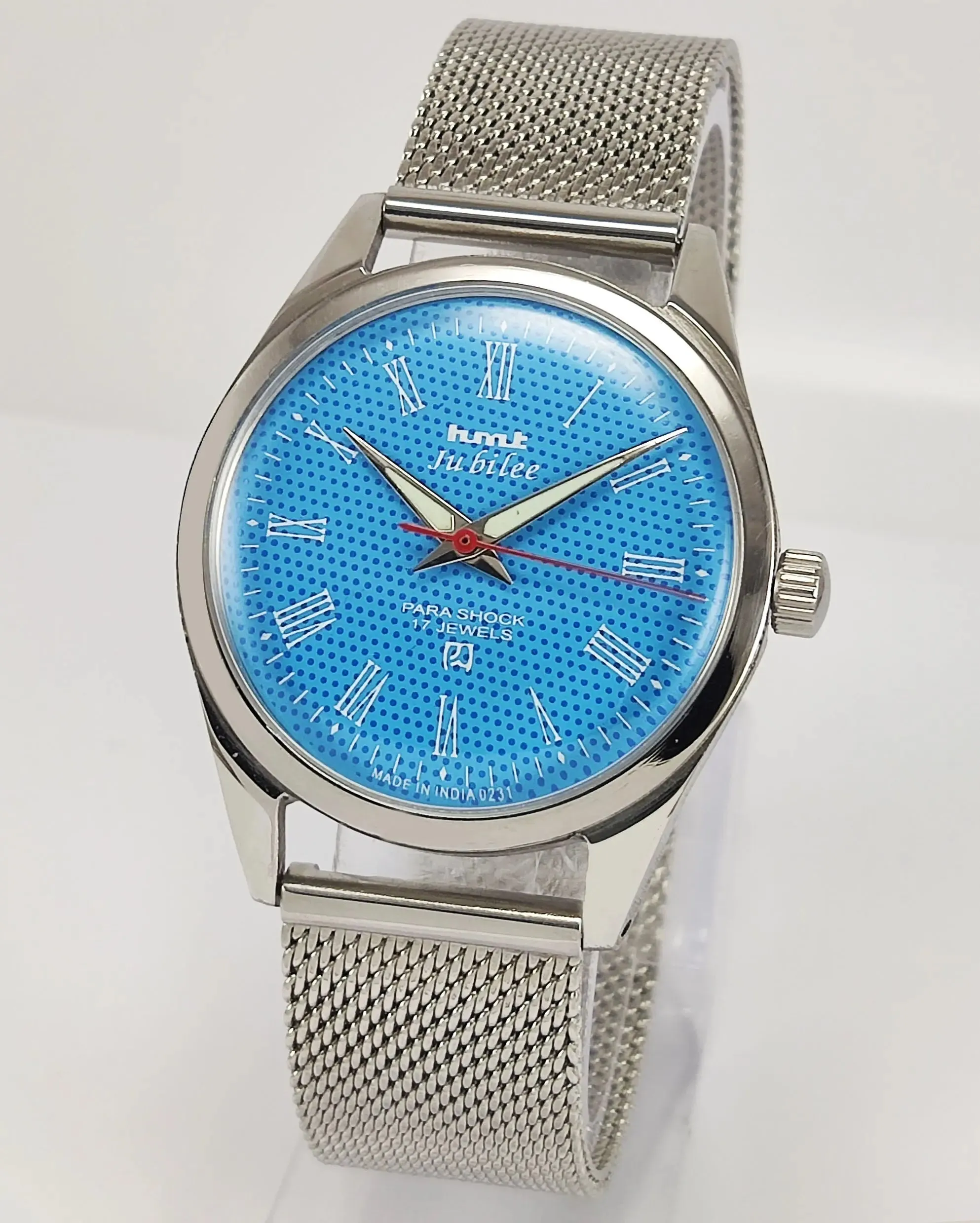 HMT Jubilee Para Shock 17 Jewels Sky Blue Dial Radium Hands Mechanical Hand winding Men's Wrist Watch