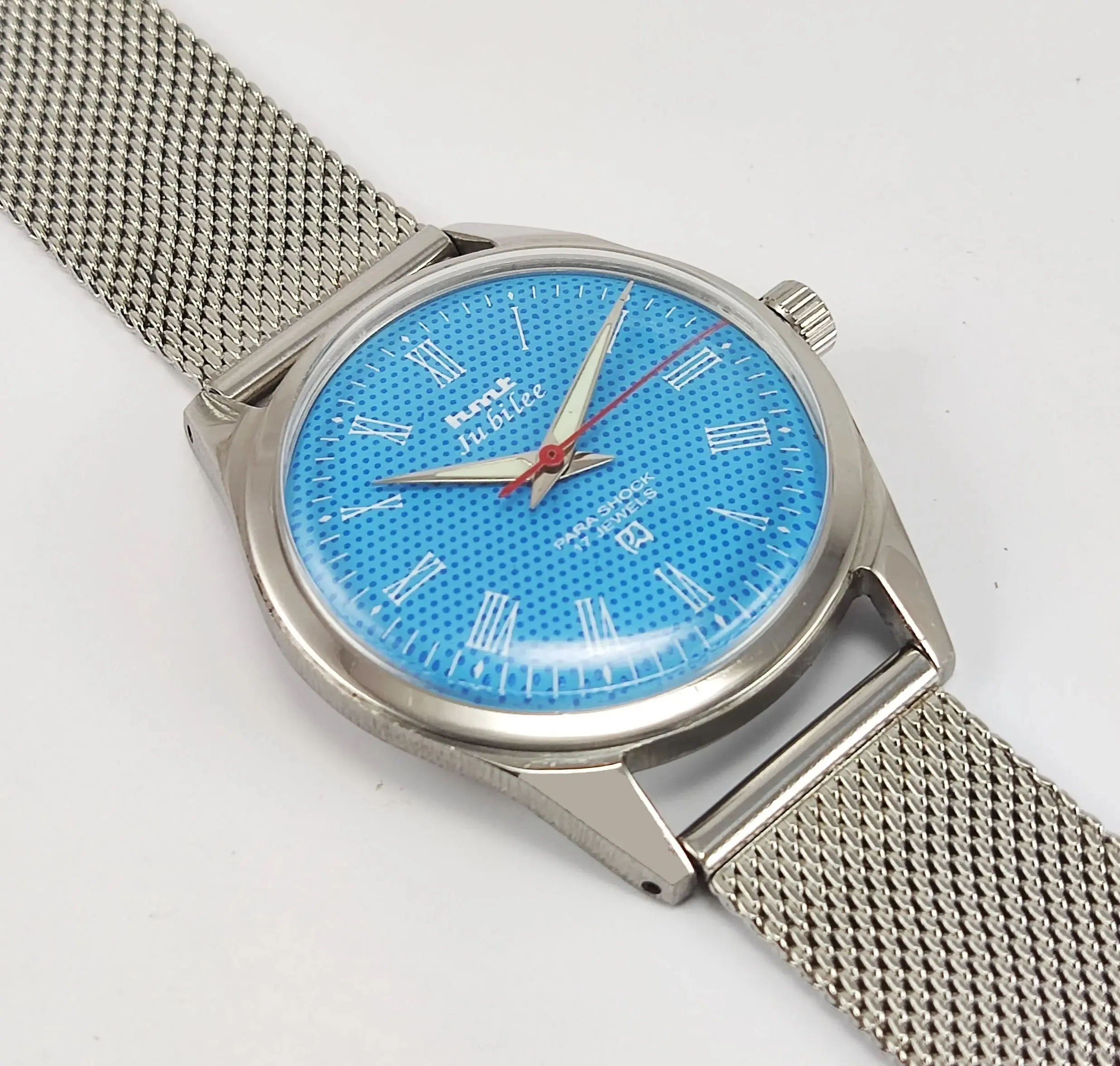 HMT Jubilee Para Shock 17 Jewels Sky Blue Dial Radium Hands Mechanical Hand winding Men's Wrist Watch