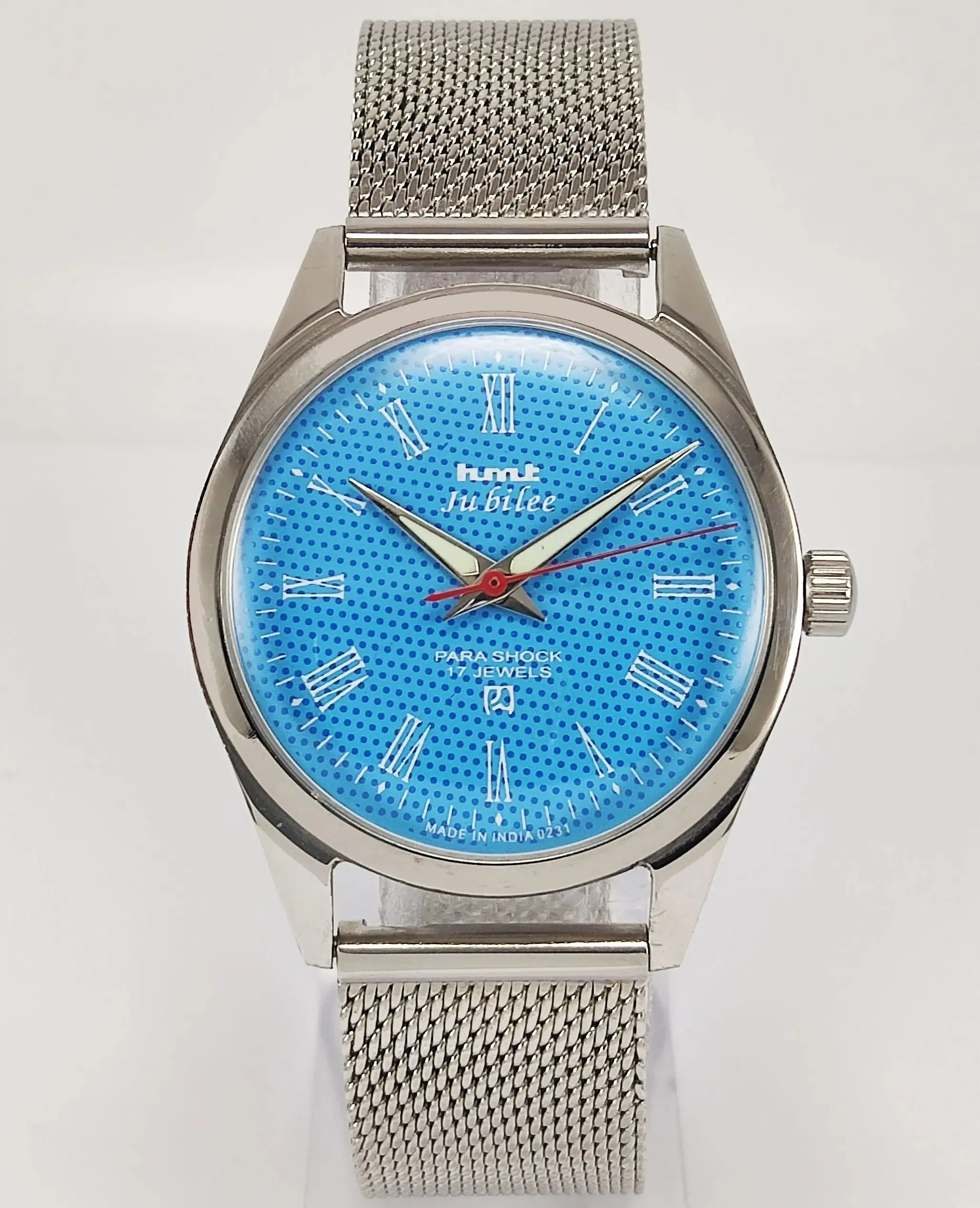 HMT Jubilee Para Shock 17 Jewels Sky Blue Dial Radium Hands Mechanical Hand winding Men's Wrist Watch