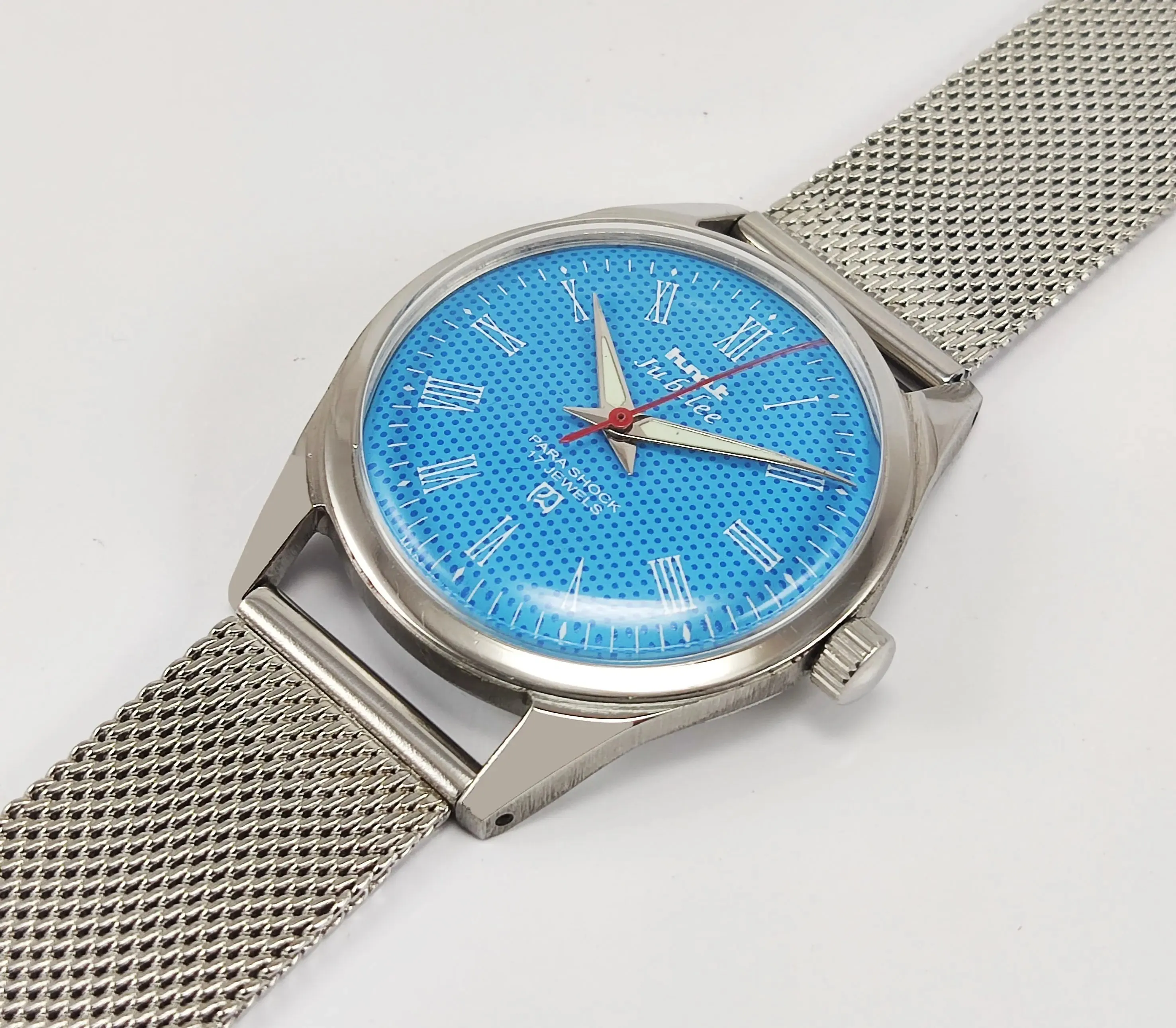 HMT Jubilee Para Shock 17 Jewels Sky Blue Dial Radium Hands Mechanical Hand winding Men's Wrist Watch