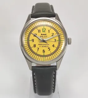 HMT Pilot Para Shock 17 Jewels Yellow Dial Mechanical Hand winding Men's Wrist Watch