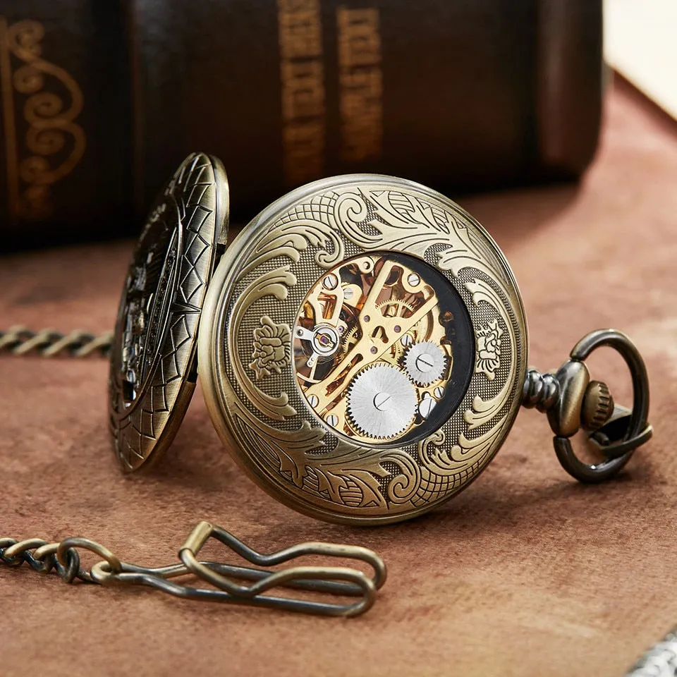 Hollow Bronze Retro Mechanical Pocket Watch
