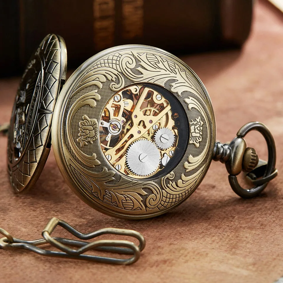 Hollow Bronze Retro Mechanical Pocket Watch