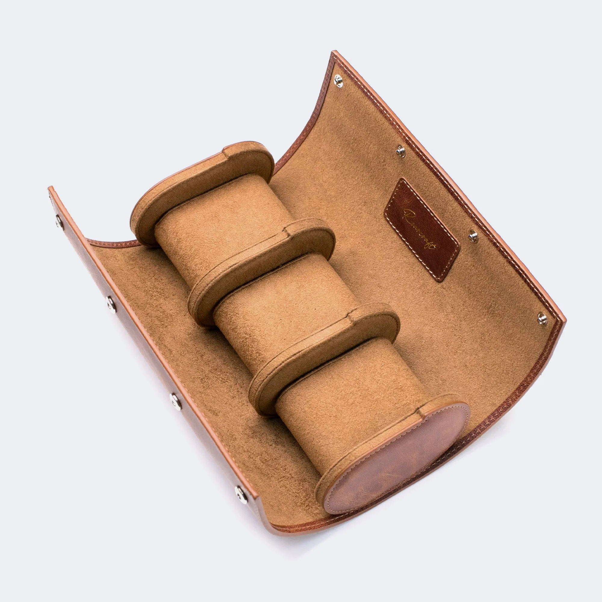 Leather Travel Watch Case - Tobacco - Triple Watch Roll