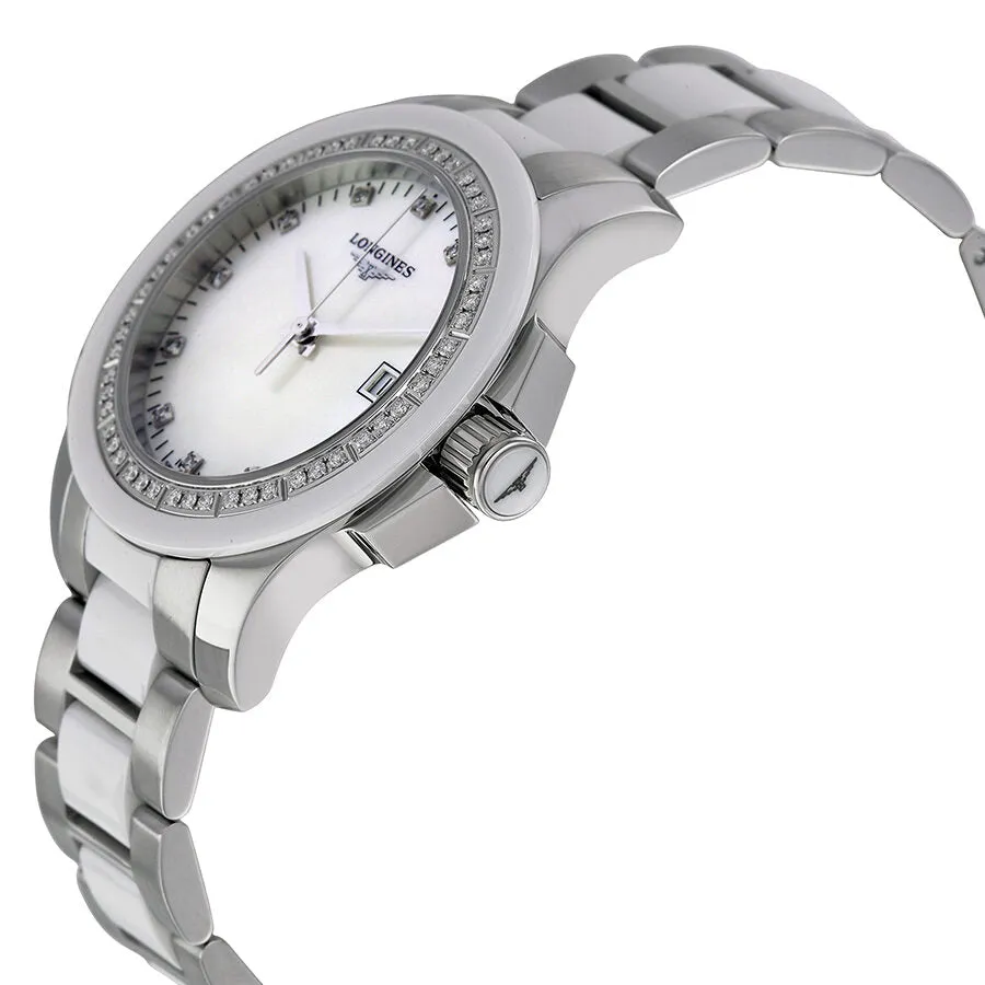 Longines Conquest White Ceramic Diamond Ladies Watch L32810877 L3.281.0.87.7