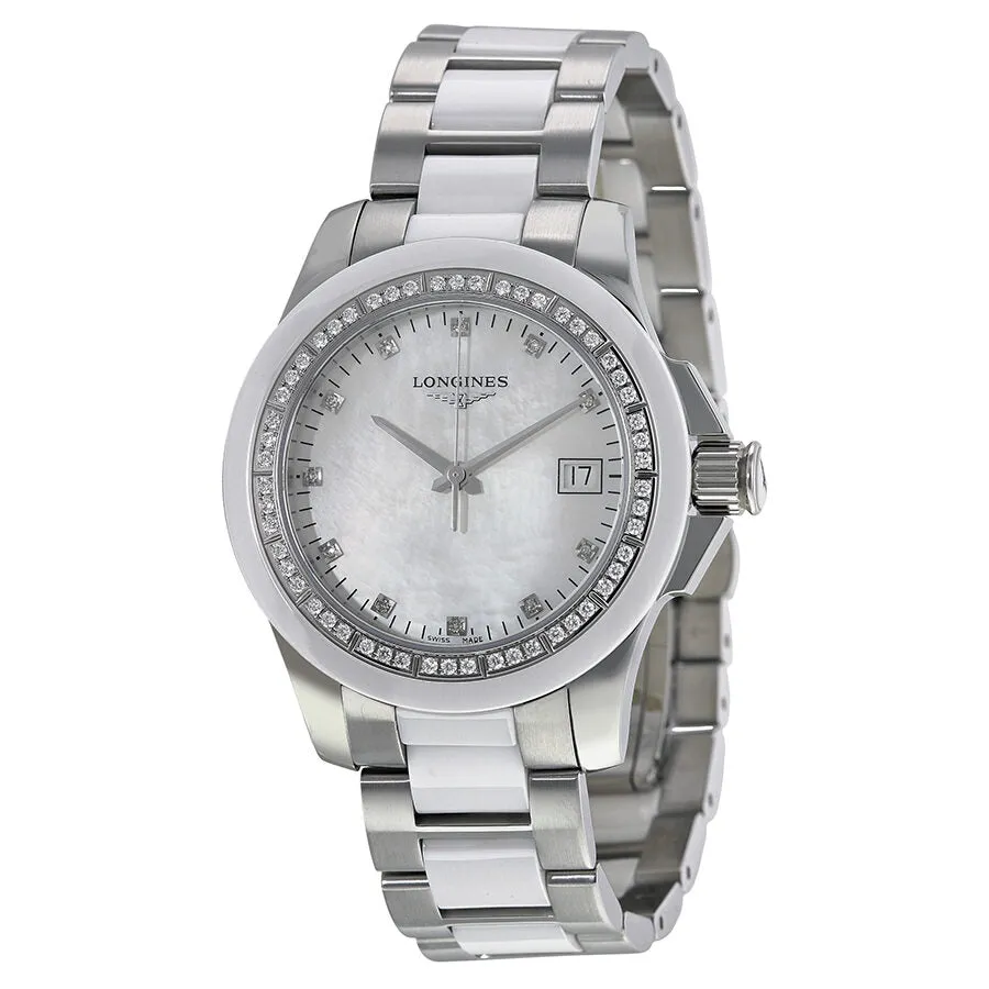 Longines Conquest White Ceramic Diamond Ladies Watch L32810877 L3.281.0.87.7