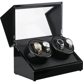 Luxury Quad Watch Winder Box - Wood, Carbon Fiber, Velvet
